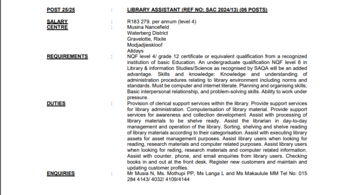 Department of Sport, Arts & Culture is hiring Library Assistants