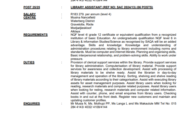 Department of Sport, Arts & Culture is hiring Library Assistants