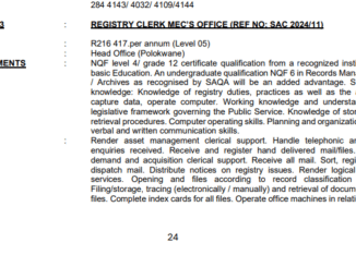 Department of Sports is looking for a Registry Clerk