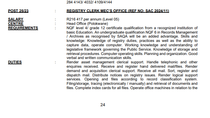 Department of Sports is looking for a Registry Clerk