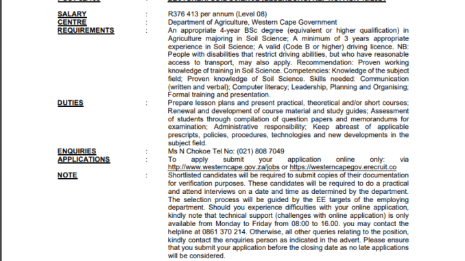 Department of Agriculture is looking for a Lecturer