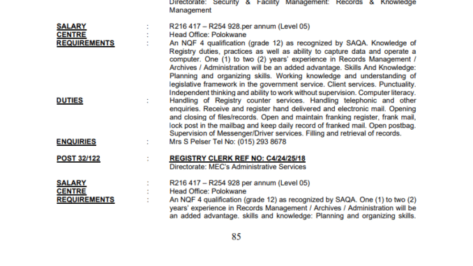 Department of Economic Development is hiring a Registry Clerk
