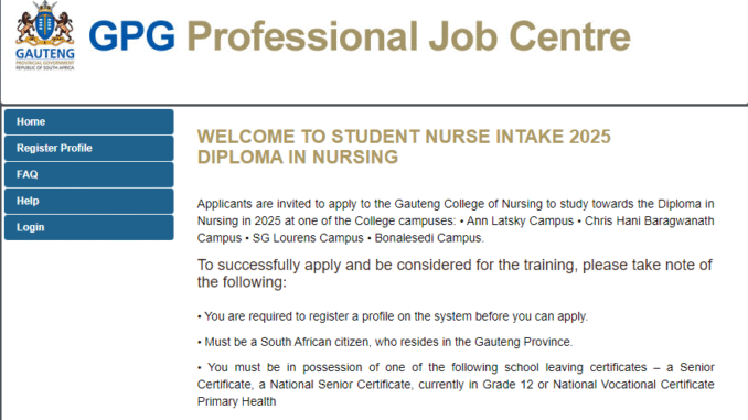 Gauteng College of Nursing Student Nurse Intake 2025