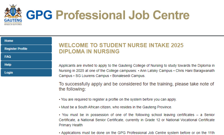 Gauteng College of Nursing Student Nurse Intake 2025