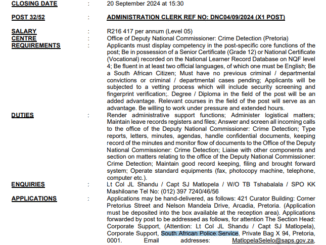 South African Police Service is hiring Administration Clerk