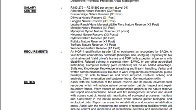 X16 Field Ranger vacancies at Department of Economic Development